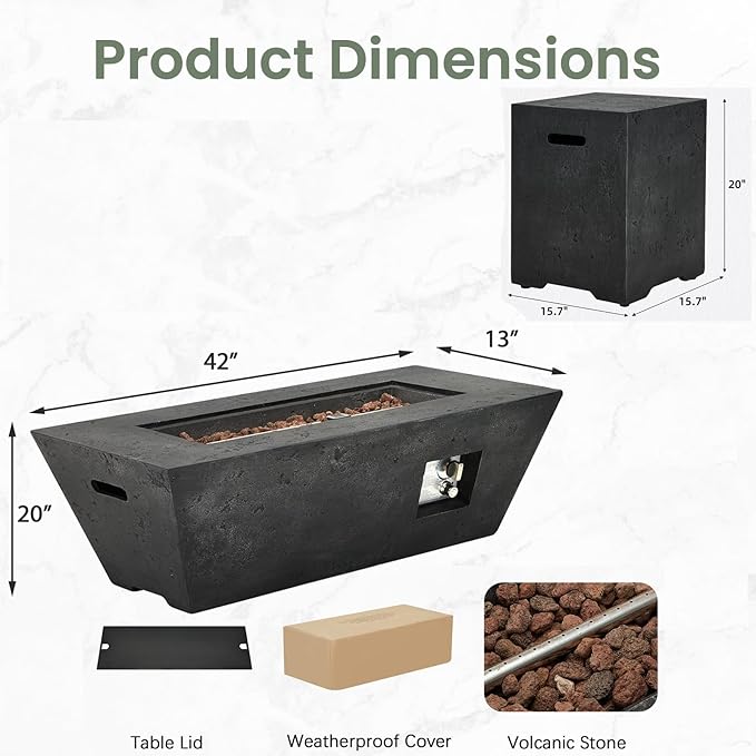 ECOTOUGE 2-Piece Propane Fire Pit Table, Outdoor Gas Fire Pit Set w/Tank Cover, 42''Auto-Ignition Steel Fire Table, 50,000 BTU Trapezoid Concrete Fire Pit w/Weather-Resistant Pit Cover, Black