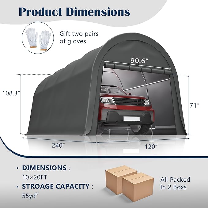 Anti-Snow 10x20 FT Carport,Grade Heavy Duty Portable Garage Canopy with Steel Frame & Vented Roof,Waterproof Outdoor Storage Shed W/Removable Double-Zipper Doors,for Vehicle, Boat,RV,Grey