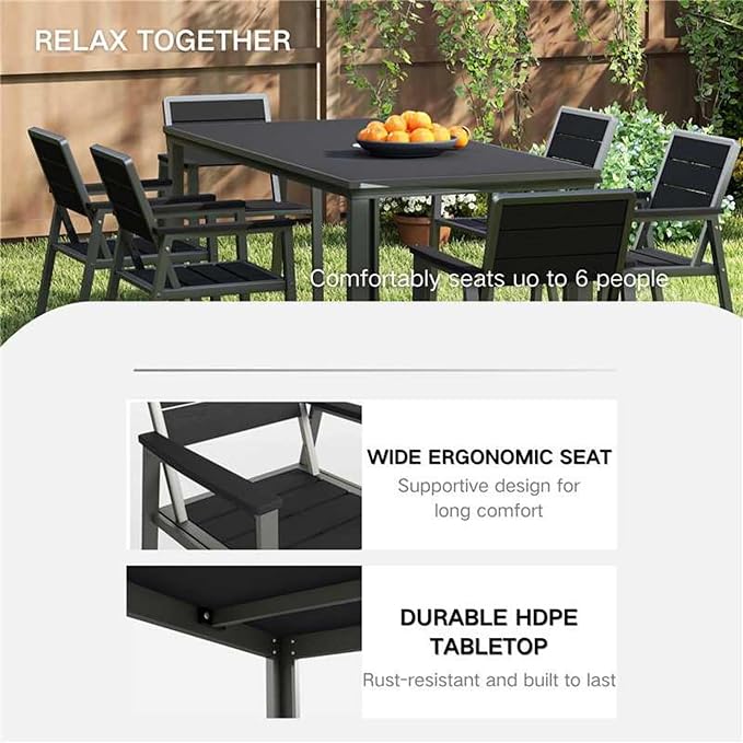 Kingdura 7 Piece Patio Dining Set for 6, HDPE Outdoor Table & Chairs with Umbrella Hole, All-Weather Outdoor Furniture Patio Conversation Set for Lawn Pool Backyard, Dark Grey