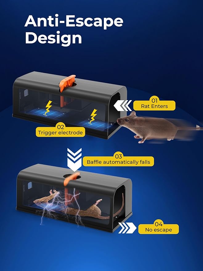 Electric Rat Traps Indoor for Home, Electronic Rat Trap with Anti-Escape Baffle, Safe and Effective Rat Killer Zapper, No-Touch Disposal, Adapter Powered Rodent Control for Indoor Use (Black)