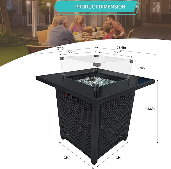 28" Square Fire Pit Table, Outdoor Propane Gas Firepit with Lid & Glass Wind Guard, 50,000 BTU, CSA Listed, Black Wicker Rattan for Patio, Garden, Backyard, Deck