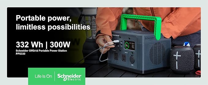 Schneider OffGrid 332Wh Portable Power Station, PPS330 Portable Solar Generator with Wireless Charging Pad, for Camping or Home