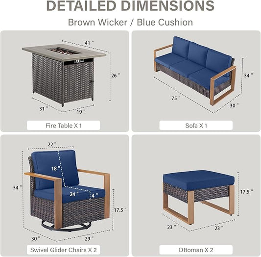 6 Piece Outdoor Patio Furniture Set with Propane Fire Pit Table, Wicker Patio Conversation Set with 2 Swivel Rocker Chairs Rattan Sofa and Removable 4" Thick Cushions for Deck Backyard