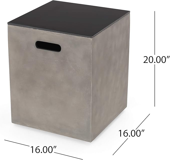 Propane Tank Cover Table for Fire Pits, 20 LB Concrete Propane Tank Holder with Side Handles, Outdoor Tank Storage Side Table for Patio, Gas Griddle, Black+Gray, Ceramic Top