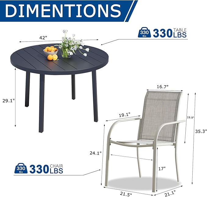5 Pieces Patio Dining Set for 4, Grey Patio Stackable Chairs and Black Round Table Set of 4, Outdoor Furniture Set with Sling Support for Outside, Garden