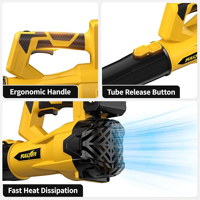 FULLYEA Cordless Leaf Blower 650 CFM, 6 Speed Modes, Electric Leaf Blower Cordless with 3 Tubes & 2x4.0Ah Batteries, 21V Battery Powered Leaf Blowers for Patio, Yard, Garage Cleaning (Yellow)