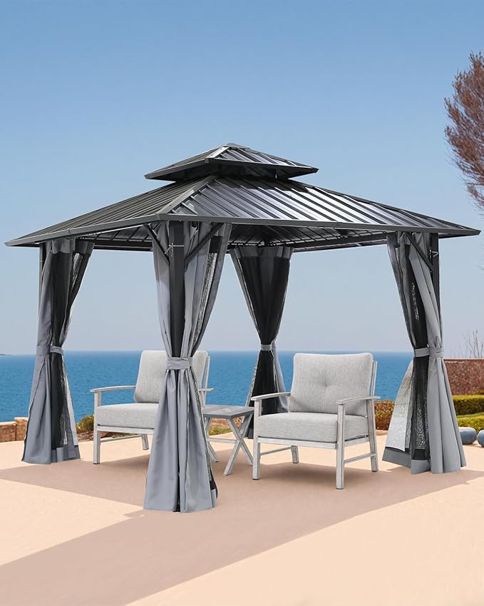 SEEHILL 12' x 12' Hardtop Gazebo, Aluminum Frame Patio Hardtop Gazebos with Netting and Curtain, Outdoor Patio Pergola, Outdoor Patio Gazebo with Double Metal Roofs for Lawns, Garden, Deck, Slate Gray
