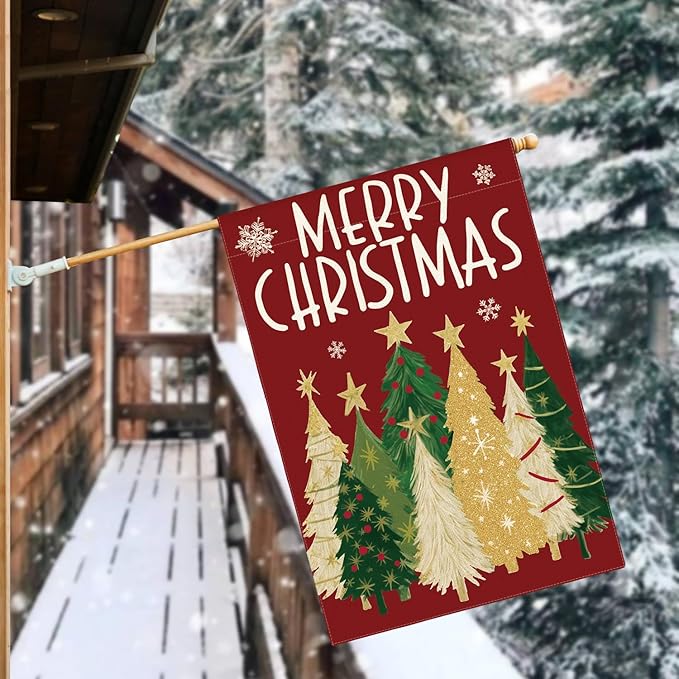 AVOIN colorlife Merry Christmas House Flag 28x40 Inch Double Sided Outside, Christmas Trees Winter Holiday Yard Outdoor Flag Red