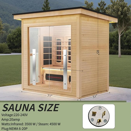 3-Person Far Infrared & Steam Dual-System Sauna Room, Outdoor Canadian Hemlock Wood Sauna, WiFi Control, Red Light Therapy, 11 Heaters & 4.5KW Harvia Stove, Left Door, 220-240V