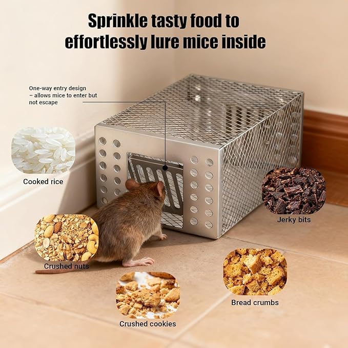 2026 Upgraded Stainless Steel Automatic Mouse Trap, Easy Setup for Indoor and Outdoor Use, Humane No-Kill Live Trap with One-Way Door, Catch & Release for Mice and Rodents (1)