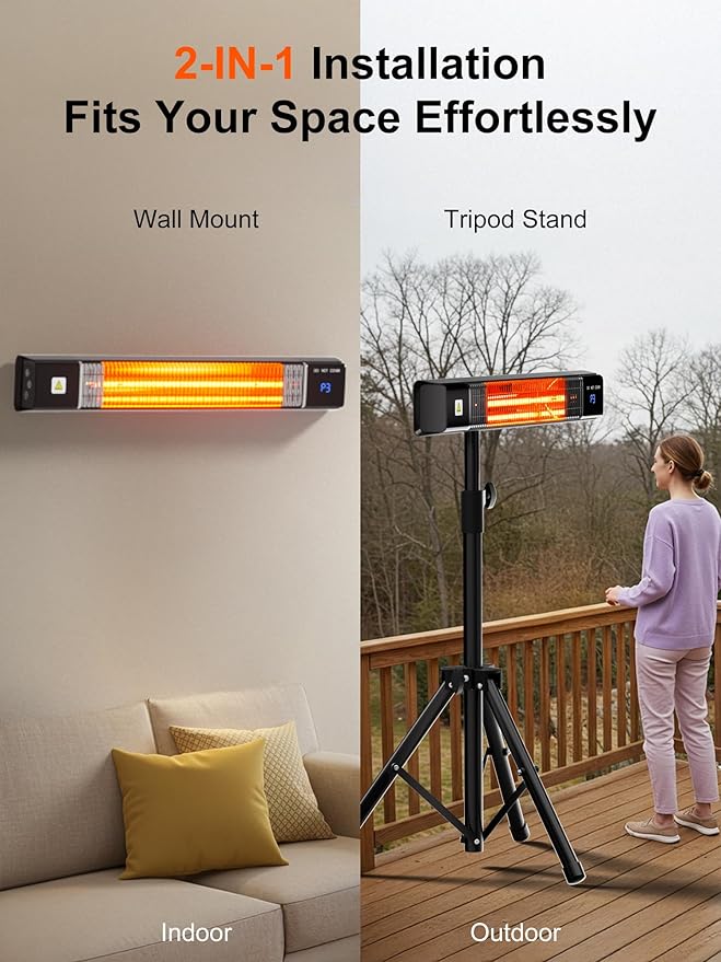 Uthfy Outdoor Electric Heater, 1500W Waterproof Patio Heater with Tripod Stand, Remote, 24 H Timer, Indoor Safety Wall Mounted Infrared Heater for Garage, Yard, Deck, Bedroom, Restaurant