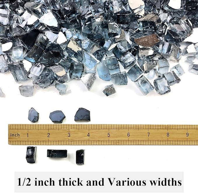 Fire Glass for Propane Fire Pit, 1/2 Inch High Reflective Fireplace Glass Rocks for Fire Pit Table, 10 lbs Fire Pit Glass Rocks for Outdoor Fire Table and Landscaping, Black Reflective