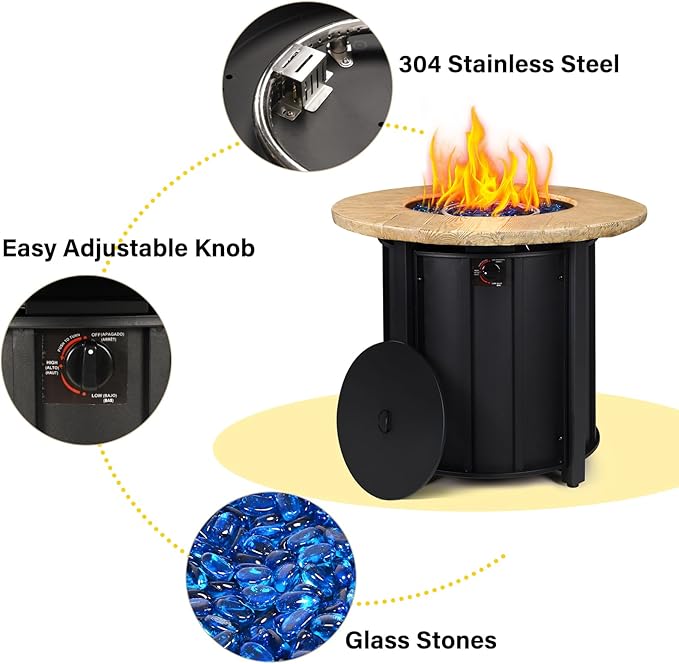 30 Inch Round Propane Fire Pit Table,50000 BTU Outdoor Fire Pit with Automatic Ignition & Lid Cover,Portable Iron Steel Firepit for Patio,Deck,Backyard Garden w Glass Stones & Rain Cover