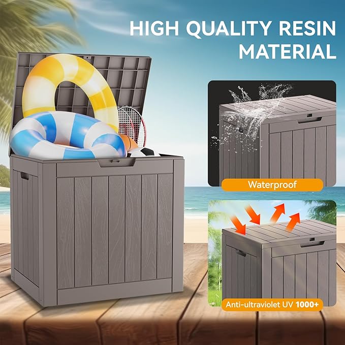 NUNU LAB 32 Gallon Outdoor Storage Box Waterproof, Outside Package Delivery Deck Boxes with Lockable Lid, Backyard Storage Bin For Garden Tools, Patio Cushions, Pool Accessories, Gray