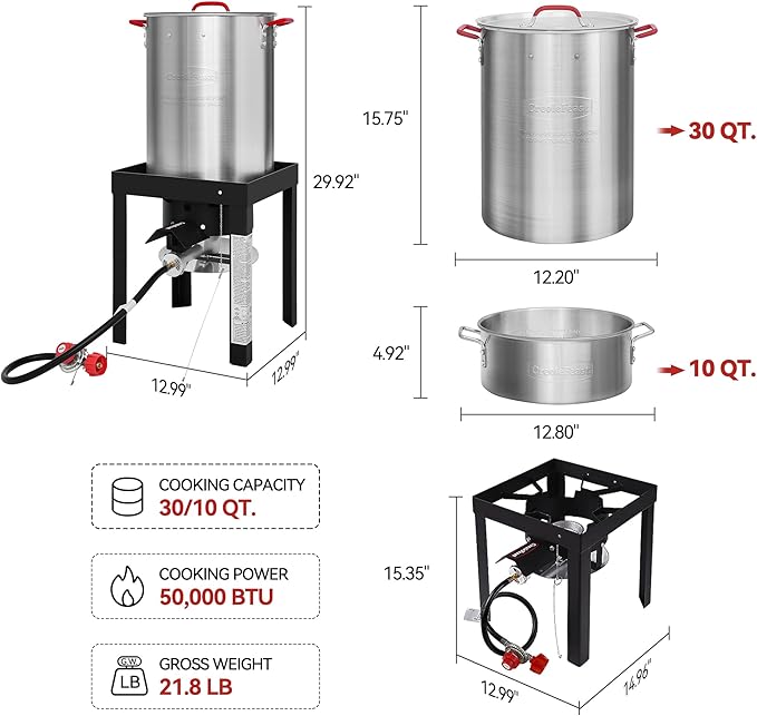 CreoleFeast TFS3010 Propane 30 Qt. Turkey and 10 Qt. Fish Fryer Boiler Steamer Set, 50,000 BTU Burner, Ideal for Outdoor Cooking