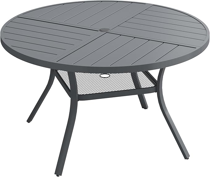VICLLAX Round Patio Dining Table, 4-6 Person Metal Outdoor Dining Table with Umbrella Hole and Storage Shelf for Garden Lawn Deck, 47.2" Dark Grey