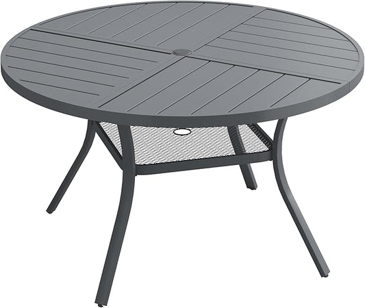 VICLLAX Round Patio Dining Table, 4-6 Person Metal Outdoor Dining Table with Umbrella Hole and Storage Shelf for Garden Lawn Deck, 47.2" Dark Grey