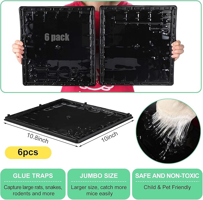 Qualirey 6 Pcs Jumbo Rat Mouse Glue Traps 10" x 10.8" Peanut Taste Pheromone Mouse Traps Large Glue Mouse Traps Snake Mouse Sticky Trap for House Warehouse Indoor Outdoor, Child & Pet Friendly