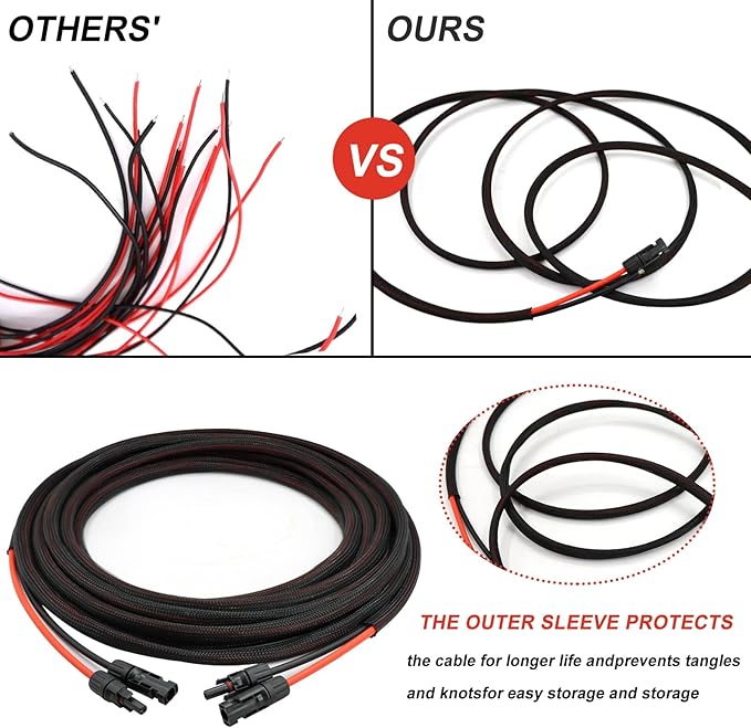 Twin Wire 40FT Solar Extension Cable - 10AWG (6mm²) Solar Panel Connector, with 6 Pairs-IP67-Male/Female Solar connectors for Outdoor Automotive RV Boat Marine Solar Panel- Black & Red