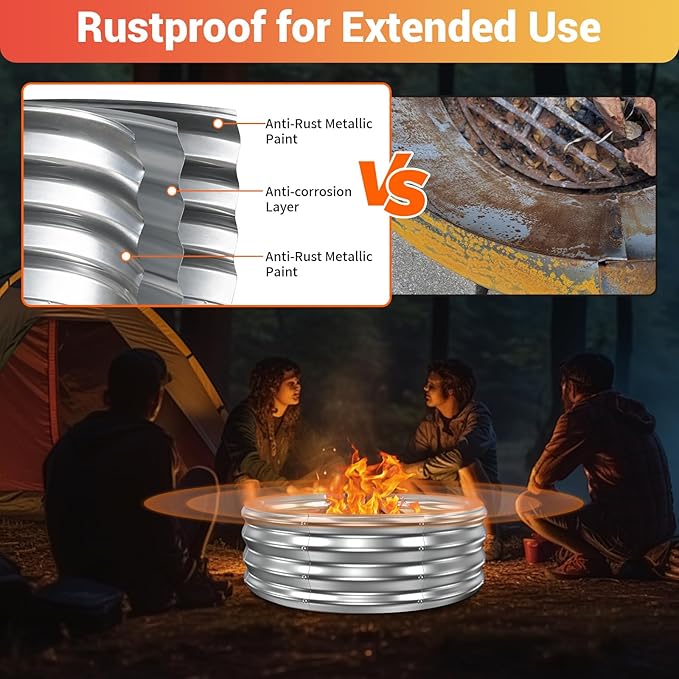 36 Inch Fire Pit Ring for Outside, Heavy Duty High Heat Resistant Outdoor Wood Burning Firepit & Fireplace, 12" Tall,Portable Galvanized Steel Fire Pits Bowl for Backyard Bonfire,Patio,Camping,Round
