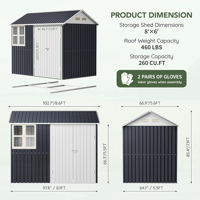 8x6 FT Outdoor Metal Storage Shed with Floor Frame, Double Doors, 1 Clear Window, Tool Shed for Garden, Patio, Backyard