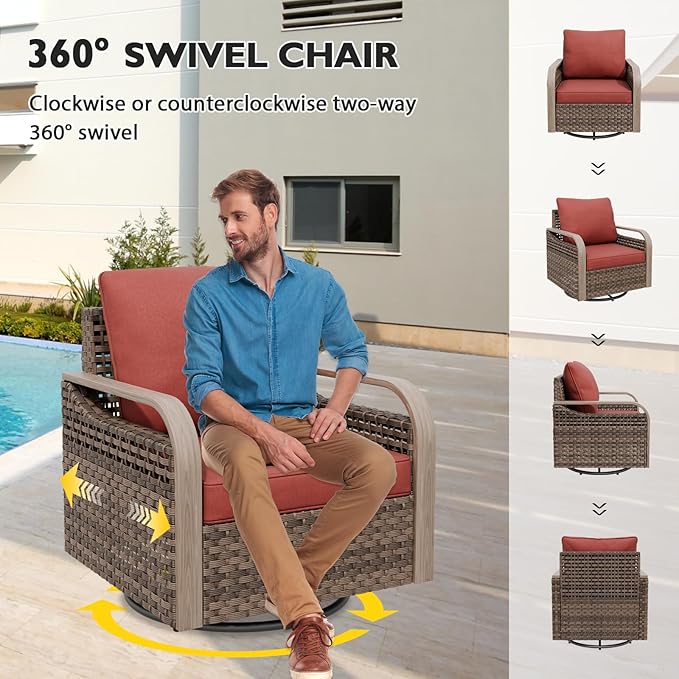 EAGLE PEAK Modern Wicker Outdoor Patio Furniture Set, Patio Conversation Set, 4 Swivel Rocker Chairs, 3-Seat Loveseat, 2 Ottomans, Coffee Table and Side Table, 9 Pieces, Brown/Red