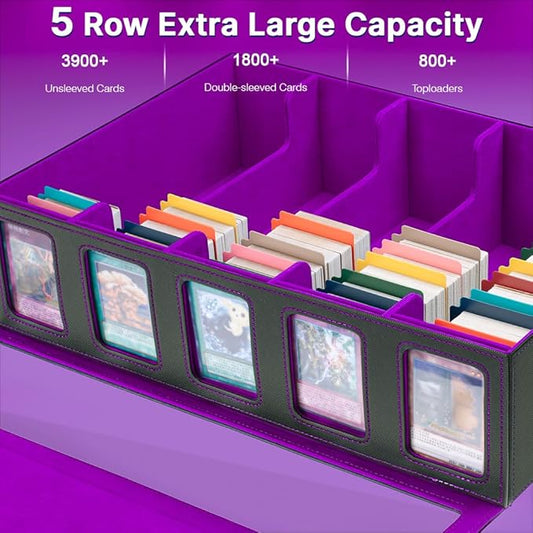 5-Row 3900+ Trading Card Storage Box for MTG, Card Deck Box with Snap-fit Design, 5 Card Sleeves, 10 Stoppers, 80 Dividers and 1 Dice Tray (Black-Purple)