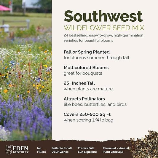 Eden Brothers Southwest Wildflower Mixed Seeds for Planting, 1/4 lb, 120,000+ Seeds with Cornflower, Blanket Flower | Attracts Pollinators, Plant in Spring or Fall, Zones 3, 4, 5, 6, 7, 8, 9, 10