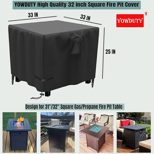 Propane Fire Pit Cover Square 32 Inch, Waterproof Heavy Duty 600D Gas Fire Pit Table Cover 32 x 32 x 25 Inch, Fit 28/29/30/31/32 Inch Firepit Table, All-weather Protection For Patio