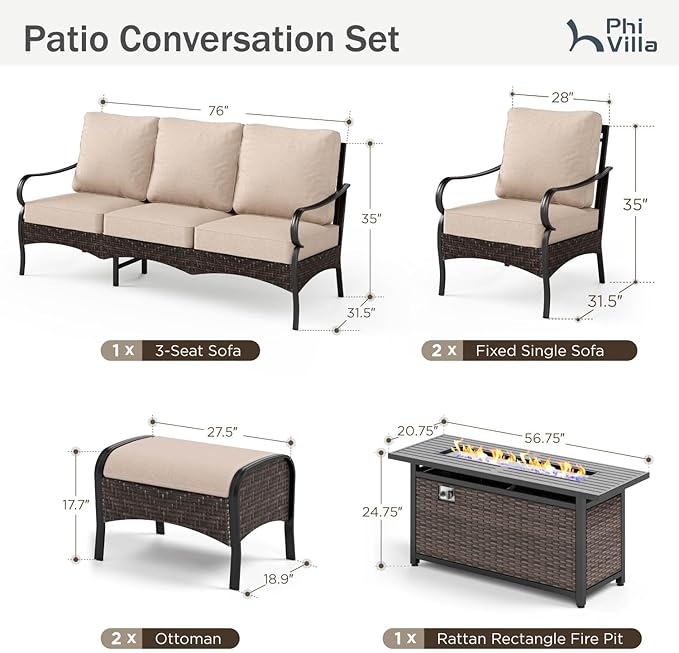 Patio Furniture Set with 56" Fire Pit Table, Premium Outdoor Wicker Metal Frame Furniture with Upgraded Waterproof Thick Cushions for Porch, Poolside, Deck, and Yard （8 Pieces,Beige）