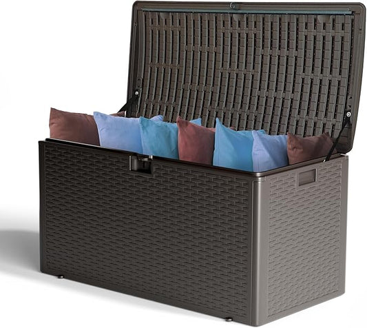 73-Gallon All-Weather Deck Box, Lockable Waterproof Resin Storage with UV Resistance for Patio Furniture, Garden Tools, and Pool Accessories (Brown)