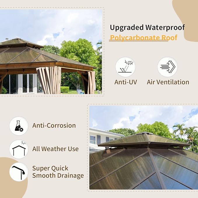 Domi 12' X 12' Hardtop Gazebo with Polycarbonate Double Roof, Aluminum Frame, Curtains & Netting, All-Weather Backyard Shade Structure for Patio, Garden, Deck, and Lawn, Wood-Look Finish