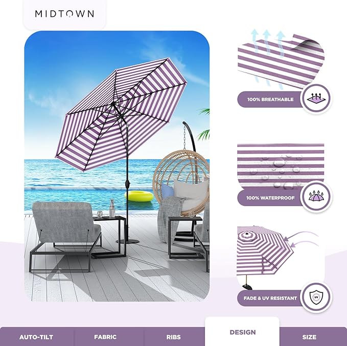 MIDTOWN UMBRELLAS The Lean 9 Feet Outdoor Umbrella With Terylast Midtown Stripes (Purple/White Stripes) Polyester Fabric - Auto-Tilt Aluminum Frame Patio Umbrella For Deck, Garden, Pool - Black Pole