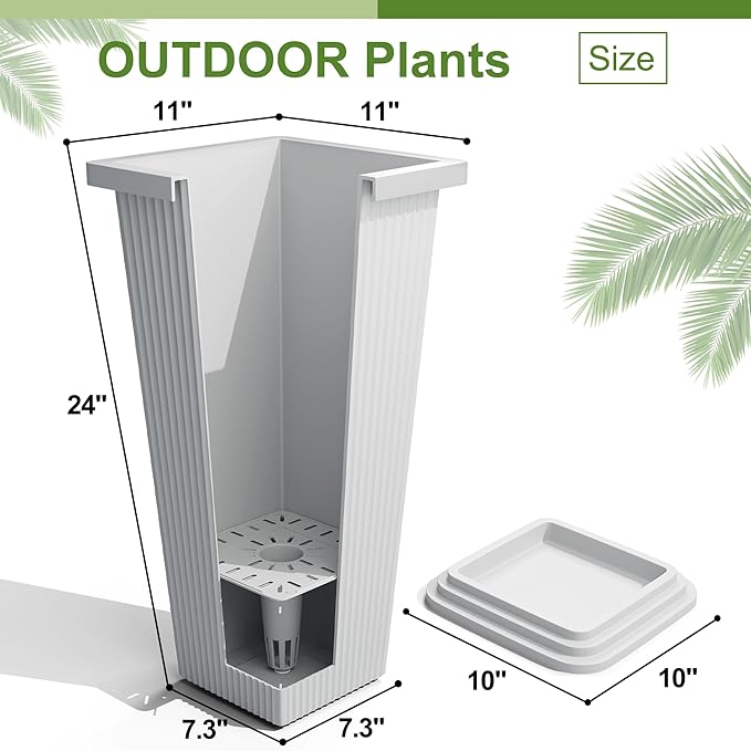 24" Tall Planters for Outdoor Plants, Set of 2 Large Outdoor Planters for Front Porch Decor with Drainage Hole, Front Porch Decor (Stripes-White)