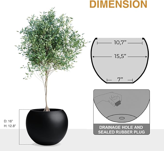 12.8" H x 16" D Globo Fiberstone Round Planter - Christmas Tree Planter, Smooth Finishes, Weather Resistant for Indoor & Outdoor Use, Included 2 Extra Coco Mats (Black, 10.7" Pot Opening)