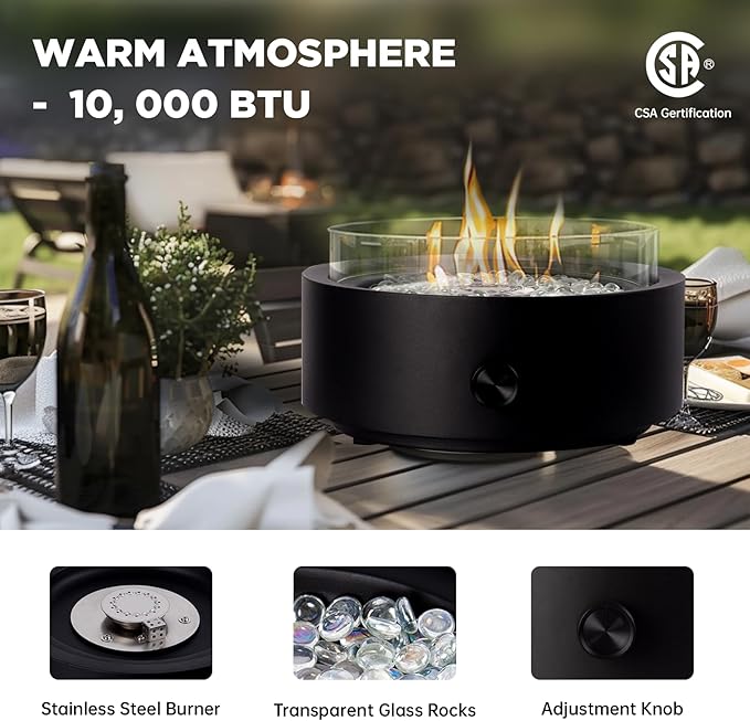 14-inch Tabletop Propane Fire Pit, Outdoor Gas Umbrella-Hole Fire Pit, Portable Fireplace Round Fire Bowl with Wind Glass Guard, Glass Rocks - Black
