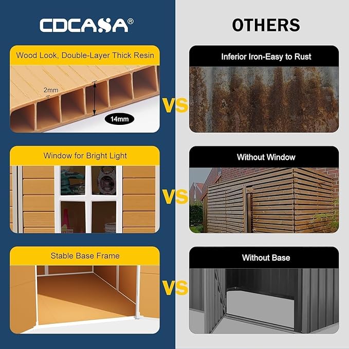 CDCASA 8x6 FT Resin Shed, Waterproof Large Outdoor Storage Shed with Floor Included & Vents, Outside Plastic Tool Shed for Garden Patio Poolside Lawn, Wood-Like Brown