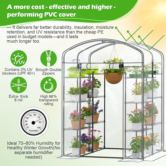 Abimars Walk-in Greenhouse with Height-Adjustable Shelves, Heavy Duty Green House for Outdoors/Indoors, Heavy-Duty Steel Frame & Thickened PVC Cover, 82"x57"x55.5", Black