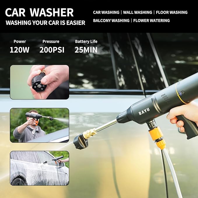 BAYU 3 in 1 Car Smart Kit, 8000PA Car Vacuum Cleaner, 200PSI Cordless Pressure Washer, 150PSI Tire Inflator Portable Air Compressor for Car, Bike, Motor (E)