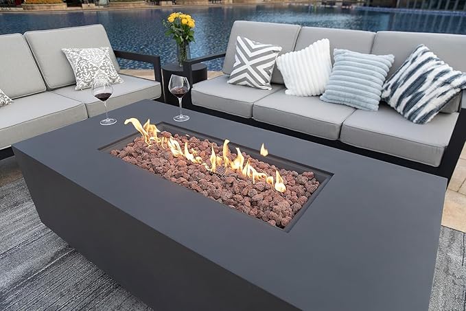 AMS Fireplace Sedona Fire Table Dark Gray Liquid Propane Gas Pit Table for Outside Patio Bundle with Wind Guard, and SS Burner Lid | Free Rubber Mat & Ice Bucket
