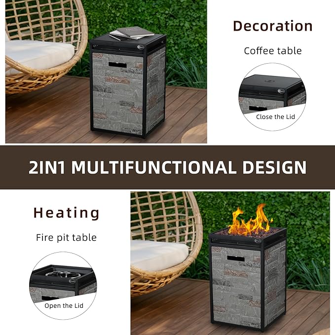 Afterglow Terrafab Grey Panels with Steel Frame 16" Square 40,000 Btu Propane Fire Column Outdoor Wood Effect Fire Pit for Outdoor Patio Garden Backyard Decking Decor CSA Certificated