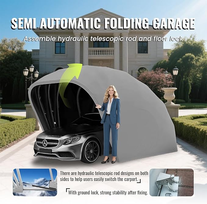 Stainless Steel Carport,Heavy Duty Carport, Semi-Automatic Durable Shelter, Foldable Retractable Car Awning, Mobile Folding Garage for Outdoor,Grey,L5.5m * W 2.5m * H 2.3m