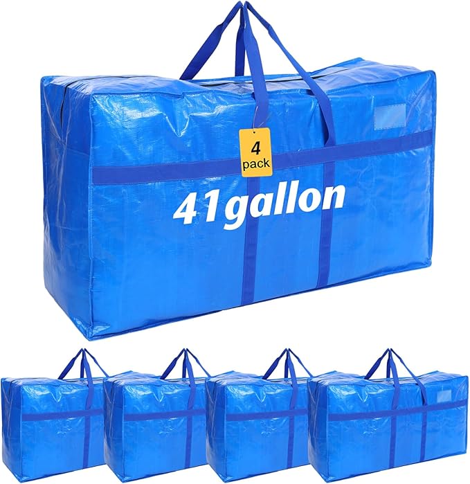 Windyun 4 Pack 41 Gallon Extra Large Storage Bags XXL Moving Bags with Zipper Handles Heavy Duty Jumbo Big Tote Box for Christmas Tree Storage 4, 5, 7.5, 9, 10, 12 ft Skeleton College Dorm(Blue)