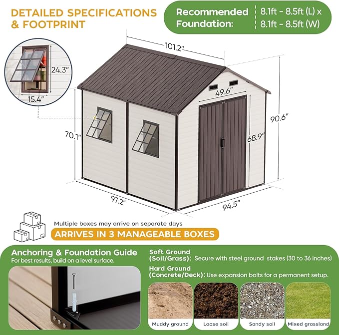 8x8 Shed with Floor, Heavy-Duty Plastic Resin Sheds & Outdoor Storage, Garden Tool Shed for Backyard, Patio, Bike Storage with Lockable Awning Windows & Reinforced Steel Frame（23-Gauage