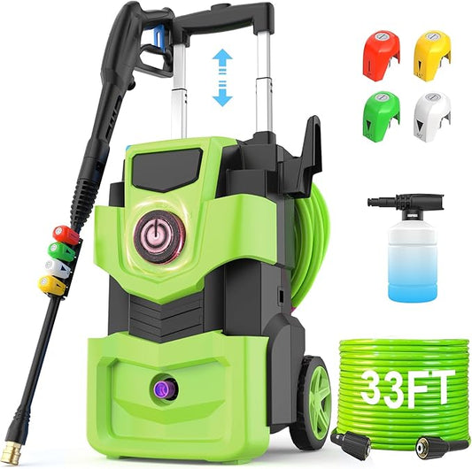 Imdot Adjustable Pressure Cleaner with 33FT Flexible Extension Hose + 34FT Power Cord, 4 Nozzles, Foam Cannon, Best Power Cleaner for Cars, Patios, Driveways, Green