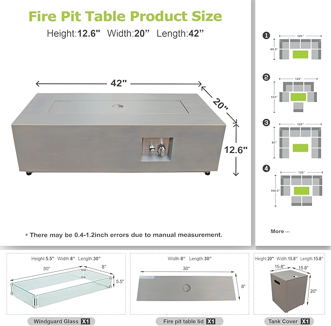 42 inch Propane Fire Pit Table, 2 in 1 Outdoor Fire Pit with 20lb Tank Cover, Outside Patio Deck and Garden, LED Gas Fireplace Table with Lid and Stone, 50,000 BTU Adjustable Flame, Grey
