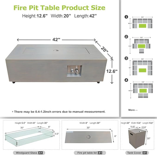 42 inch Propane Fire Pit Table, 2 in 1 Outdoor Fire Pit with 20lb Tank Cover, Outside Patio Deck and Garden, LED Gas Fireplace Table with Lid and Stone, 50,000 BTU Adjustable Flame, Grey