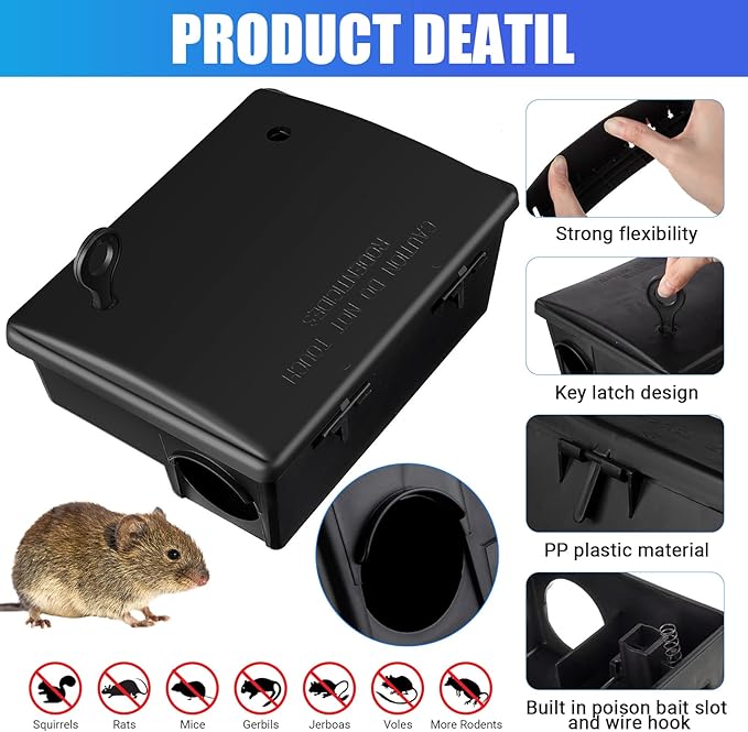 Qualirey 2 Pack Rat Bait Stations Large Rodent with Key Reusable Mouse Stations Mice Blocks Heavy Duty Boxes for Outdoor Rodents Mice Blocks, Bait Not Included, Black (9.8 x 7.5 x 3.9 Inches)