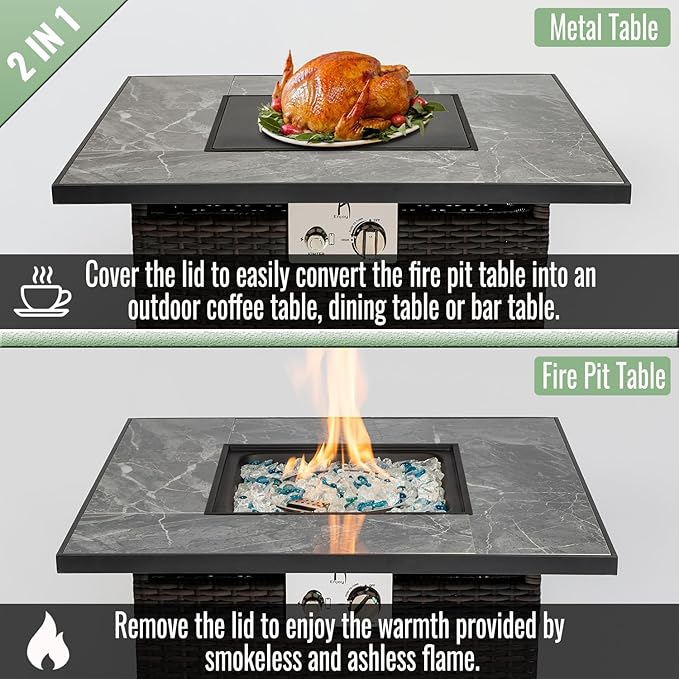 Propane Fire Pit Table, 30 Inch Wicker Firepits for Outside, Square Gas Fire Pit for Outside Patio, Propane Fire Table for Patio, Backyard, Pool, 40,000 BTU, Tank Inside, Espresso Color