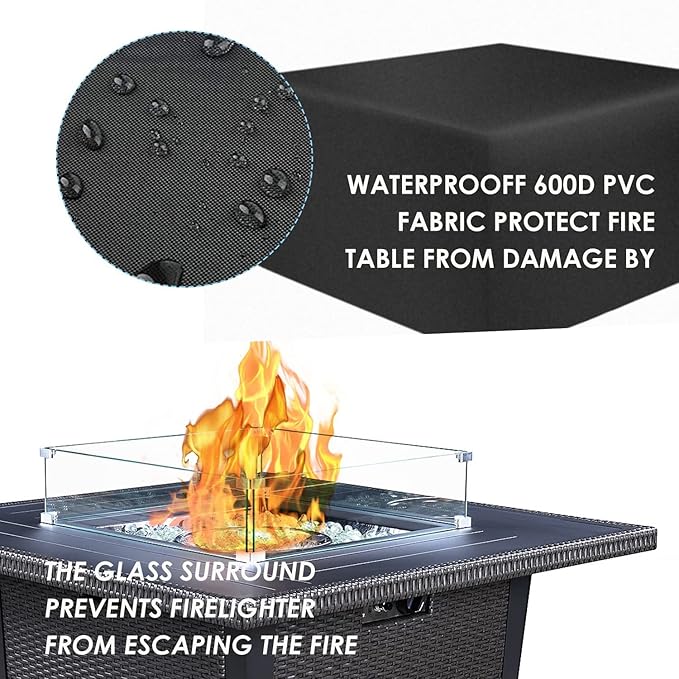 42 Inch Propane Gas Fire Pit Table, 50,000 BTU Outdoor Square Aluminum Fire Pit Table, Lid Wind + Guard + Weather Cover, CSA Certified 2 in 1 Rattan Fire Table for Patio, Garden, Backyard, Gray